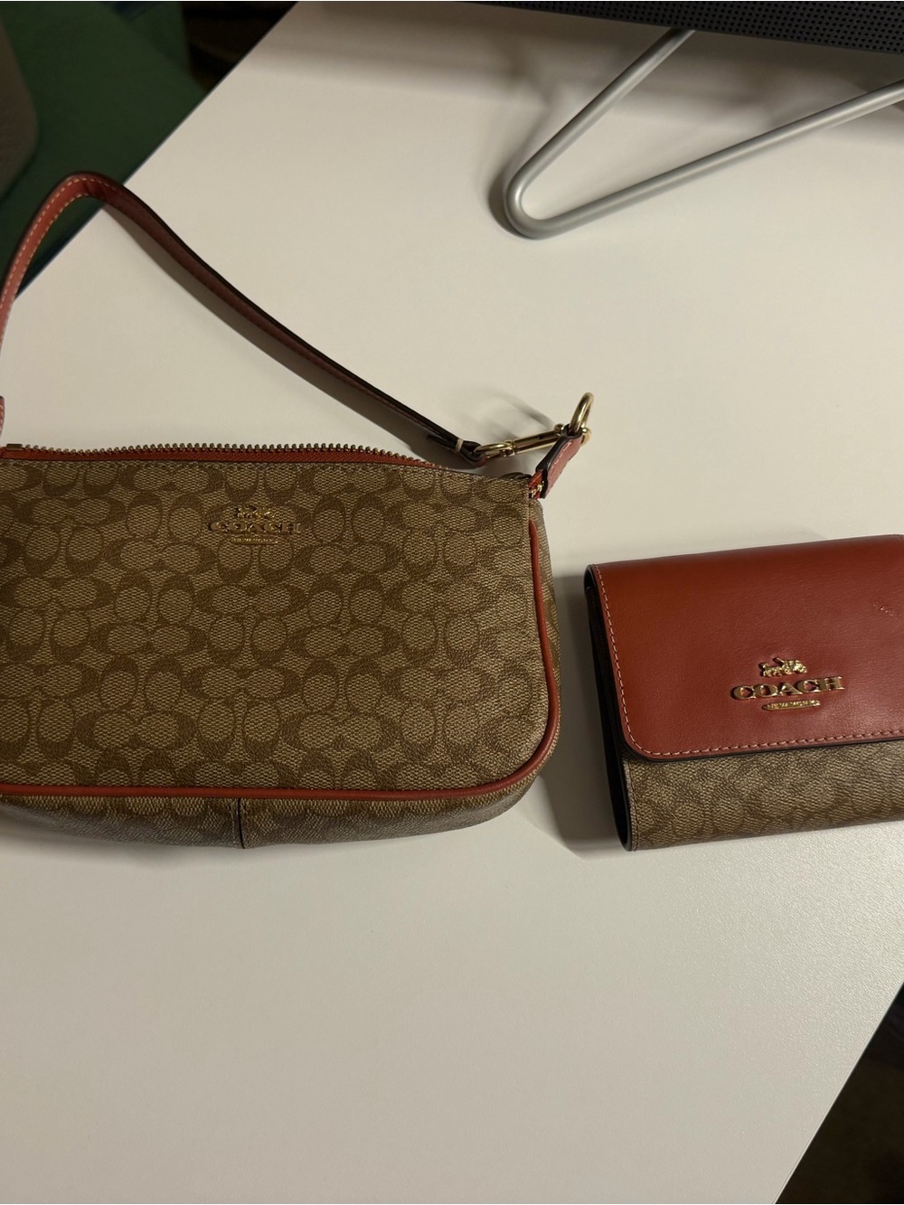 Coach Brown Signature Canvas Wristlet with Rust Leather Trim